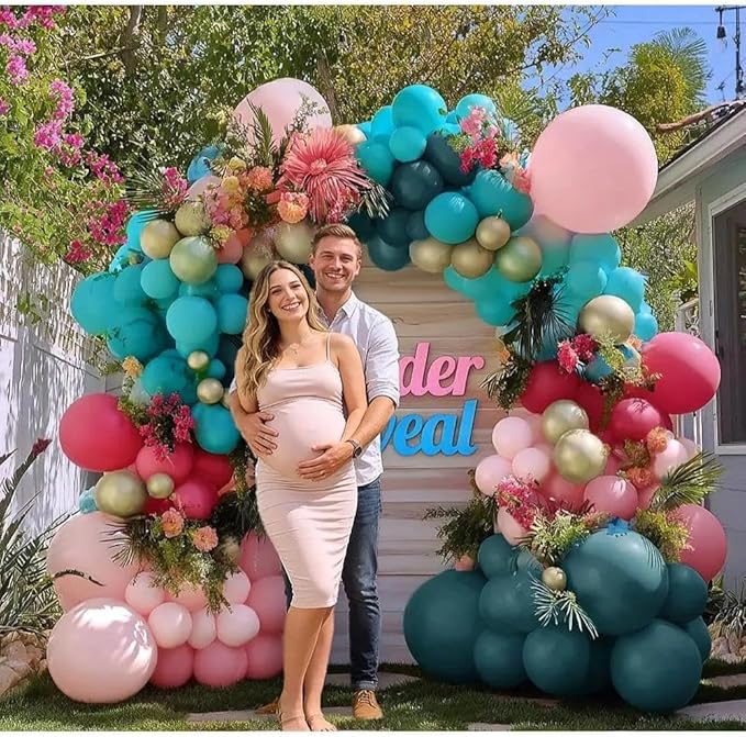 Teal Blue Pink Balloon Garland, Double Stuffed Hot Light Pink Dusty Blue Gold Balloon Arch Kit for Birthday Baby Shower Gender Reveal Wedding Tropical Party Decoration