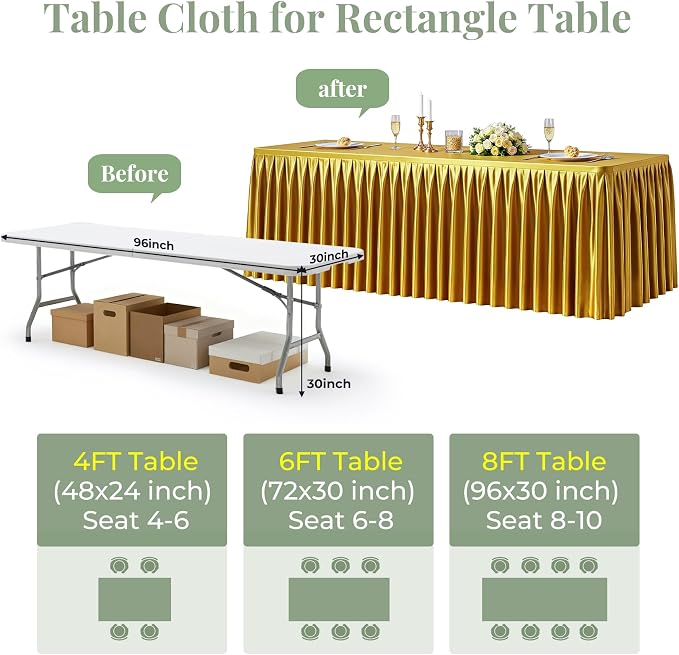 Gold Satin Tablecloths Rectangle 8FT, Glitter Spandex Fitted Stretch Table Covers Wrinkle-Free Floor Length Shimmer Table Skirt for Weddings Parties Baby Shower Banquets Vendor Events