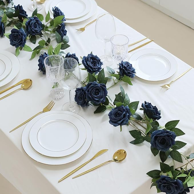dallisten 2 Strands 73'' Artificial Silk Rose Flower Vines Garland, Fake Roses Floral Green Leaves Hanging Plant for Wedding Arrangement Decoration, Wall, Party, Bedroom, Home Decor (Blue)