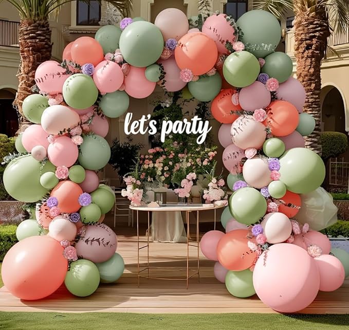 Pastel Green Pink Balloon Arch Double Stuffed Pink Dusty Green Mauve Peach Blush Balloon Garland Kit Artificial Flower Leaves for Baby Shower Wedding Birthday Floral Princess Easter Tea Party Decor