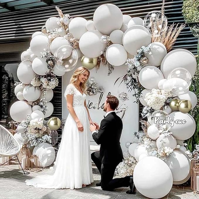 Double Stuffed White Balloon Arch with Clear Bobo, Double Stuffed Light Grey Different White Gold Balloon Garland Kit for Bridal Wedding Engagement Birthday Christmas Valentines Party Decoration