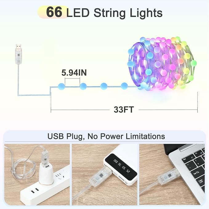 33FT Star Fairy Lights USB Plug-in, 66 RGB Color Changing Lights | Twinkle LED String Lights with 200+ Lighting Modes, APP & Remote Control, Timer, Dimmable for Bedroom Christmas Holiday Decor