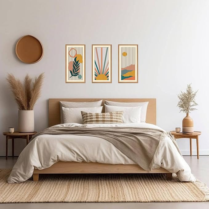 IARTTOP Boho Sunrise Wall Art Framed Set of 3 Mid Century Modern Wood Wall Decor Sage Green Minimalist Botanical Abstract Geometric Art Prints for Living Room Bedroom Office 8 x16Inch