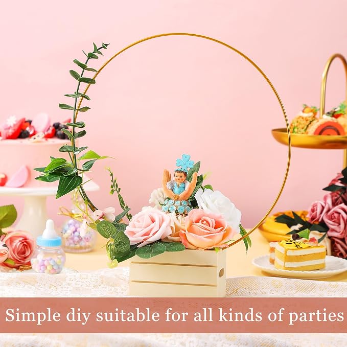 FoldTier 24 Pcs 14 Inches Metal Floral Hoop Centerpiece with Stand for Tables - Includes Gold Wreath Rings and Wooden Stands for DIY Wedding Baby Shower Communion Baptism Birthday Party Decoration