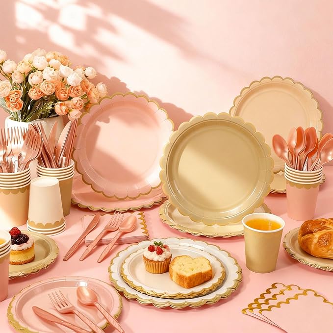 Mimorou 169 Pcs Champagne-gold Beige Plates and Napkins Party Supplies Rose Gold Tableware Include Scalloped Pink Plates Paper Napkin Cup Spoon Fork Knife for Boho Baby Shower, Wedding, Birthday