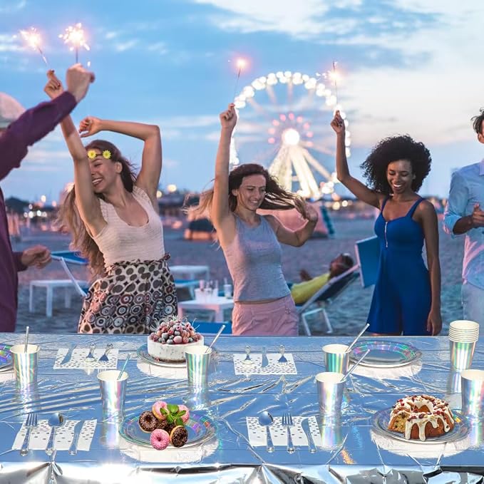 201-piece disposable party tableware set with paper plates, cups, napkins, straws, tablecloths, plastic knives, forks and spoons for a variety of party occasions for up to 25 people (Silver Rainbow)
