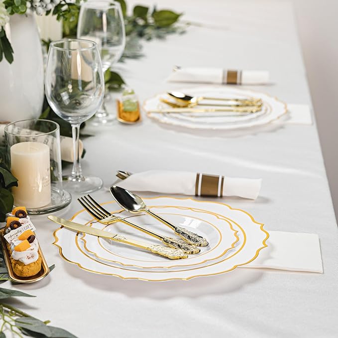 350PCS White Plastic Plates, Gold Plastic Dinnerware Sets for 50 Guests, Include 100 Disposable Plates, 50 Cups and 50 Pre Rolled Napkins with 150 PCS Gold Silverware for Party and Wedding