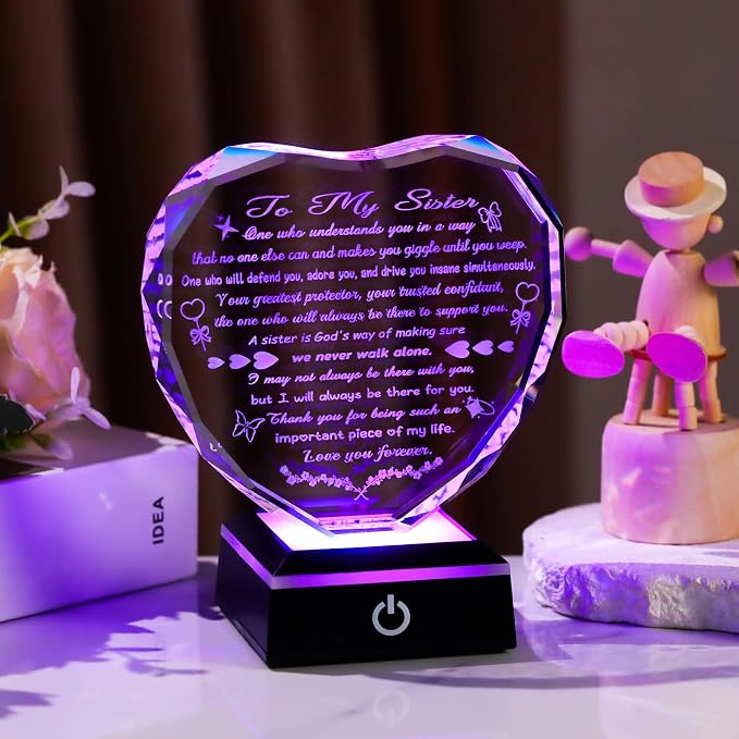Arikyrist Birthday Gifts for Sister Crystal Heart Keepsake with LED Light Base Sister Gifts from Sisters Brother on Christmas Graduation Wedding