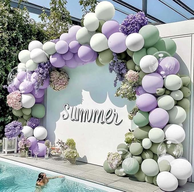 Dusty Green Purple White Balloon Arch Kit Double Stuffed Pastel Purple, Light Sage Green, Lavender Balloon Garland with Clear Bobo for Birthday Baby Shower Wedding Flower Party Decoration