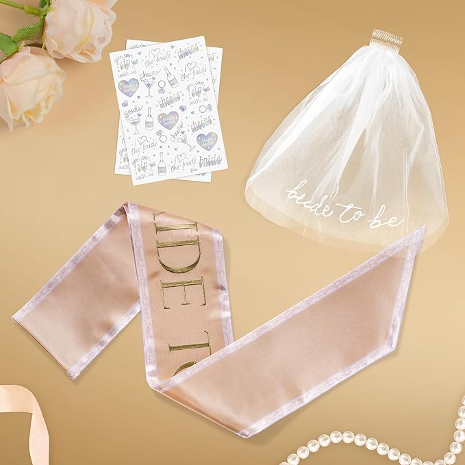 Luxury Bride to Be Sash Set – Embroidered Sash with Colored Trim, Embroidered Veil & Temporary Tattoos – Bridal Shower Hen Night Bachelorette Party Accessories