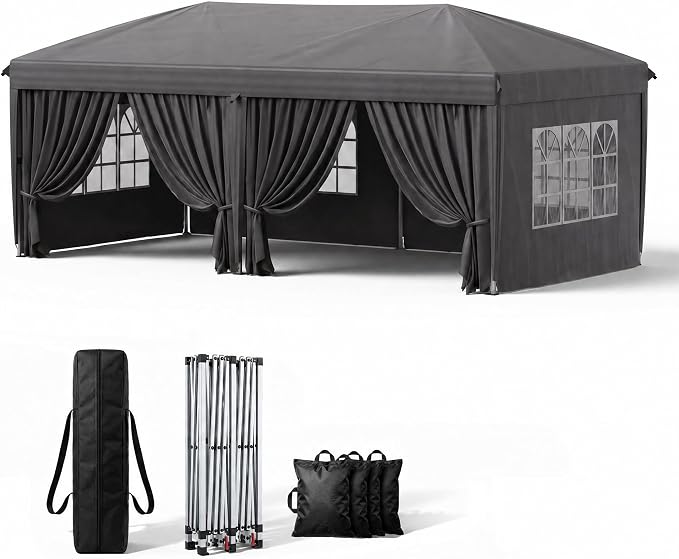 KIGOTY 10x20 FT Portable Pop Up Canopy Tent, Adjustable Height Instant Gazebo with Sidewalls,Sandbags, Waterproof Outdoor Canopy for Camping, Parties, Vendor Events (Grey, 3m × 6m with sidewalls)