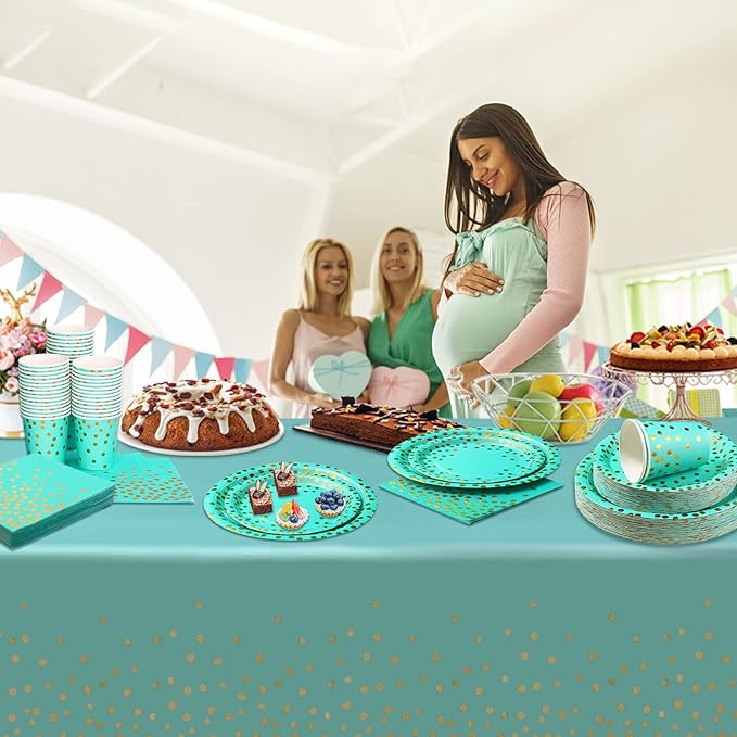 200PCS Teal Plates and Napkins Party Supplies,Teal Paper Plates with Golden Dot Serve 50 Guests,Teal and Gold Birthday Decorations for Women Men Wedding Baby Shower Graduation