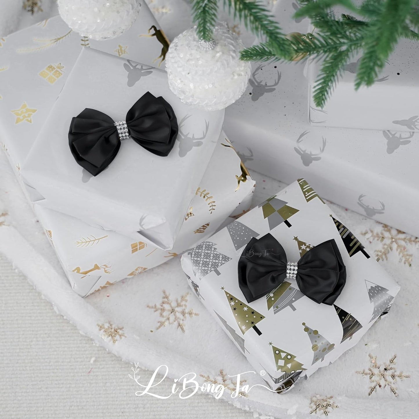 Black Satin Bows 4'' Premade Black Ribbon Bows, Gift Bows with Rhinestone, Wrapping Bows for Presents, Greeting Cards, Treat Bags, Wine Bottles, Valentines Bows for Gift Wrapping-12 Counts