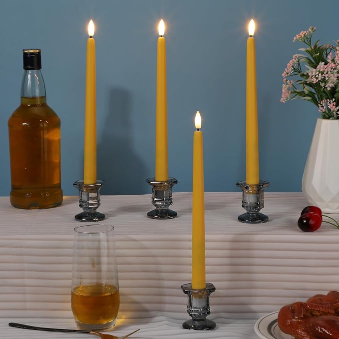 Macarrie 24 Packs Flameless Taper Candles Battery Operated Fake 11 Inch Long Candlelight LED Flameless Candlesticks Flickering Tapered for Summer Fall Wedding(Yellow)