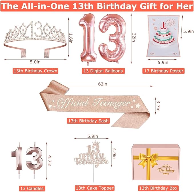 13th Birthday Decorations for Girls, Including 13th Birthday Sash and Tiara, Cake Topper and Candles, Number Balloons, 3D Pop Up Greeting Card, Teen Girl Gifts for 13 Year Old