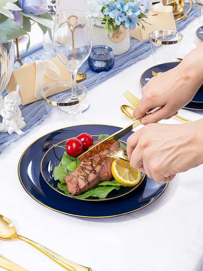 WDF 150pcs Blue plastic Plates - Navy Blue Plates Disposable - 25guest Disposable Dinnerware Sets for Party/Wedding/Birthday/Graduation