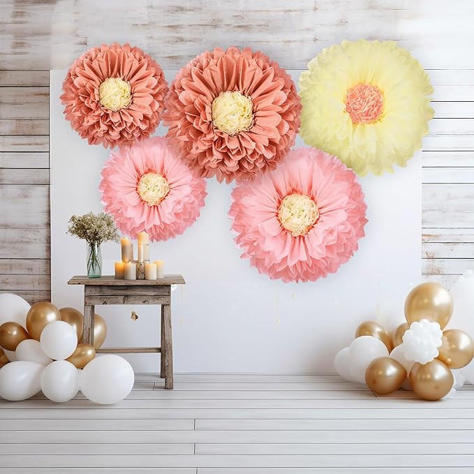 Chunful 5 Pcs 30'' 24'' Gaint Boho Tissue Paper Flowers Decoration Large Hanging Tissue Paper Pom Poms Decor for Boho Birthday Bachelorette Wedding Baby Shower Bridal Shower Party Decoration