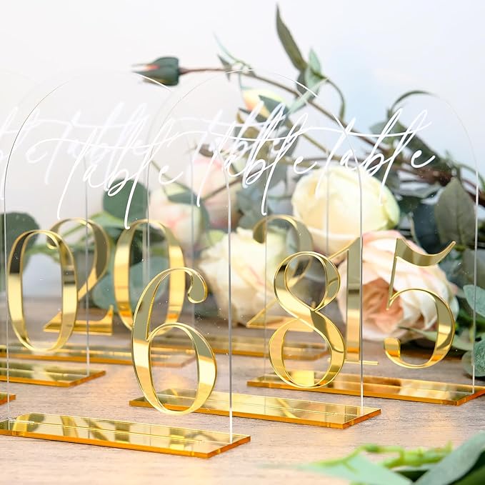 HOODO Clear Arch Wedding table numbers 1-20 with Stands, 5"x7" Arched Acrylic Signs with Gold Mirror Numbers, Clear and Gold Acrylic Table Numbers for Wedding Reception, Party, Anniversary, Event