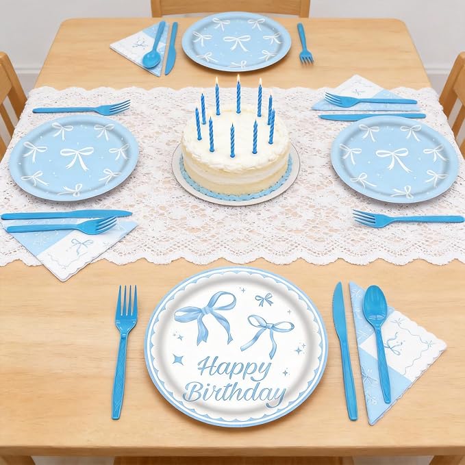60Pcs Bow Party Supplies, Blue Bow Theme Party Decorations Include Blue Party Plates, Napkins, Forks, Knives, Spoons for Baby Shower Wedding Bridal Birthday Engagement Party Decor, Serves 10