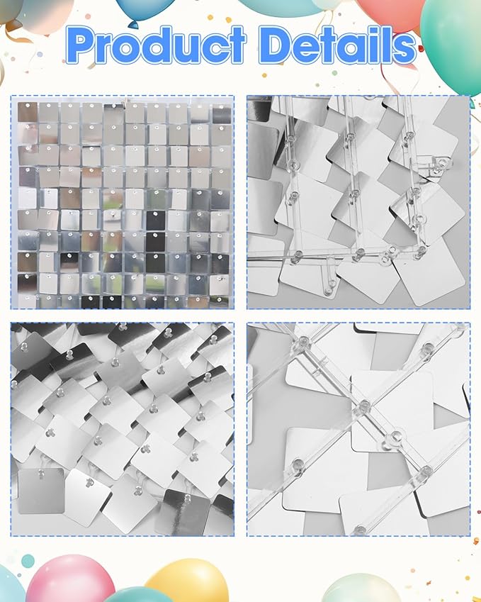 Silver Shimmer Wall Backdrop 36 Panels Cover 6 x 6 Ft, Photo Backdrops for Wedding,Anniversary,Birthday,Party Decoration