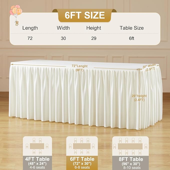 2 Packs Ivory Spandex Tablecloths Rectangle Tables 6ft, Stretch Fitted Table Covers for 6 Foot Tables Wrinkle Free Rectangle Table Cloth with Skirt for Birthday Party Events Banquette Baby Shower
