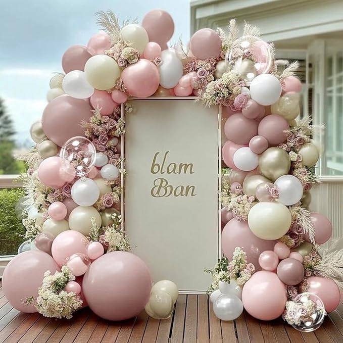 Dusty Pink White Beige Balloon Arch, Double Stuffed Pink Mauve Pearl White Nude Gold Balloon Garland Kit Boho Blush Cream Balloons for Birthday Baby Shower Bridal Wedding Mother's Day Party Decor