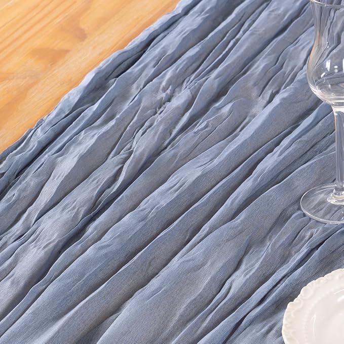 DeZerlor Dusty Blue Cheesecloth Table Runner 10 Pack Spring Easter Table Runners Boho Gauze 120 Inches Blue Table Decor for Wedding Bridal Baby Shower Parties