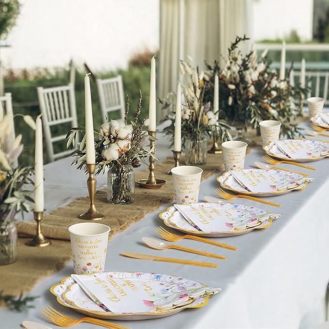 Pickmesh 400 Pcs Floral Bridal Shower Party Supplies Decorations Include Cheers to Love Paper Plates Napkins Cups Cutlery Set Spring Wildflower Tableware for Wedding Engagement Party Serve 50