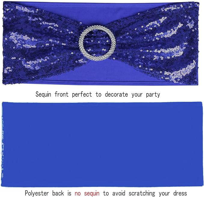 Dimatic 10 PCS Stretch Sequin Chair Sashes Chair Stretchy Spandex Bands for Wedding Reception Events Banquets Chairs Decoration (Blue)