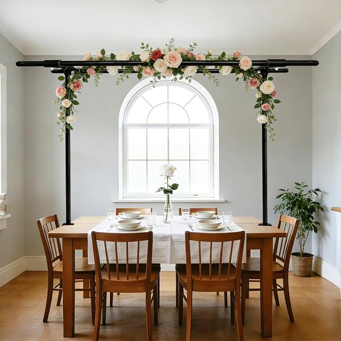 Beyeutao Black Over The Table Rod Stand with Clamps Metal Double Crossbar Table Arch Stand 16"-87" Length 16"-45" Height Adjustable Table Banner stand Garden Arbors Fit for Wedding Birthday Party Christmas Decoration