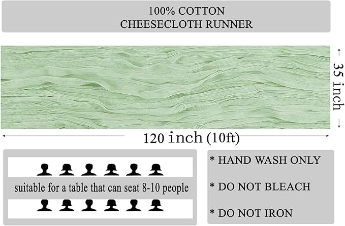 MDS Pack of 3 Cheesecloth Table Runner 35x120 Inch, 10FT Long Gauze Cheese Cloth Table Runner for Wedding Party Birthday Bridal Shower Farmhouse Garden Boho Rustic Table Decoration - Sage Green