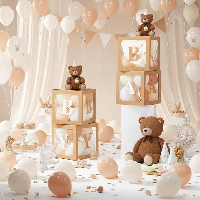 Zhanmai baby Boxes for Bear Baby Shower Decoration with 4 Letters 36 Balloons 4 Transparent Clear Balloon Box Blocks for Boy Girl Gender Reveal Party Favors(Cocoa, Apricot, Ivory, White)