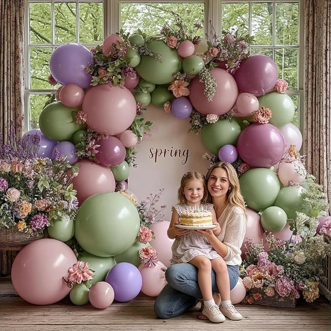 Dusty Green Purple Pink Balloon Garland Double Stuffed Pastel Light Green Pink Lavender Lilac Balloon Arch Kit Mist Mauve Blush Balloons for Spring Wildflower Birthday Wedding Baby Shower Party Decor