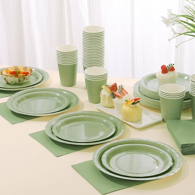 Sage Green Paper Plates, Plates and Napkins Party Supplies 200 Pcs, Greenery Bridal Shower baby decorations Birthday Serves 50, Medium