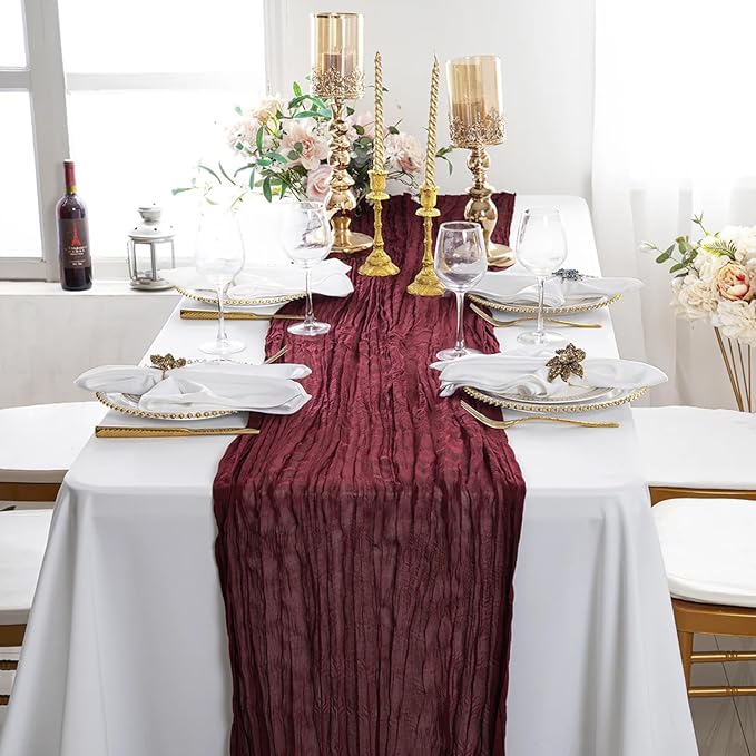 10 Pack Burgundy Cheesecloth Table Runner 17x108 Inch Semi Sheer Boho Rustic Gauze Cheese Cloth Table Runners for Wedding Party Birthday Baby Shower Home Décor