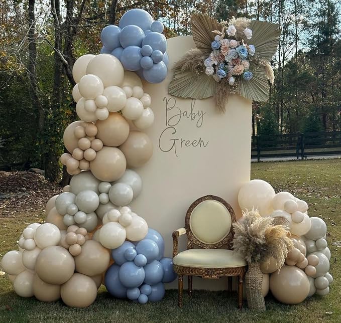 Dusty Blue Brown Balloon Garland Double Stuffed Blue Tan White Sand Grey Latex Neutral Balloon Arch Kit For Teddy Bear Baby Shower Boho Birthday Gender Reveal Party Decoration