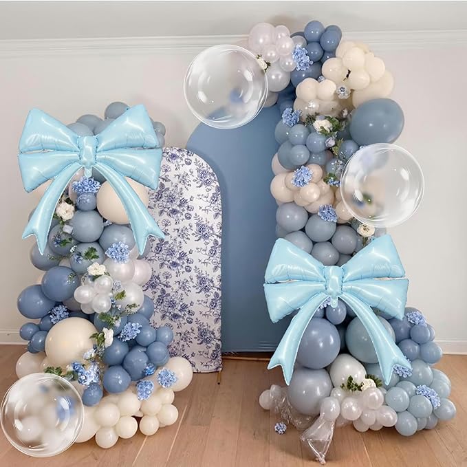 Dusty Blue Balloon Garland Arch Kit, 107PCS Dusty Fog Blue and White Balloons with Bow Balloon Decor for Coquette Birthday Baby Bridal Shower Wedding Party Decorations