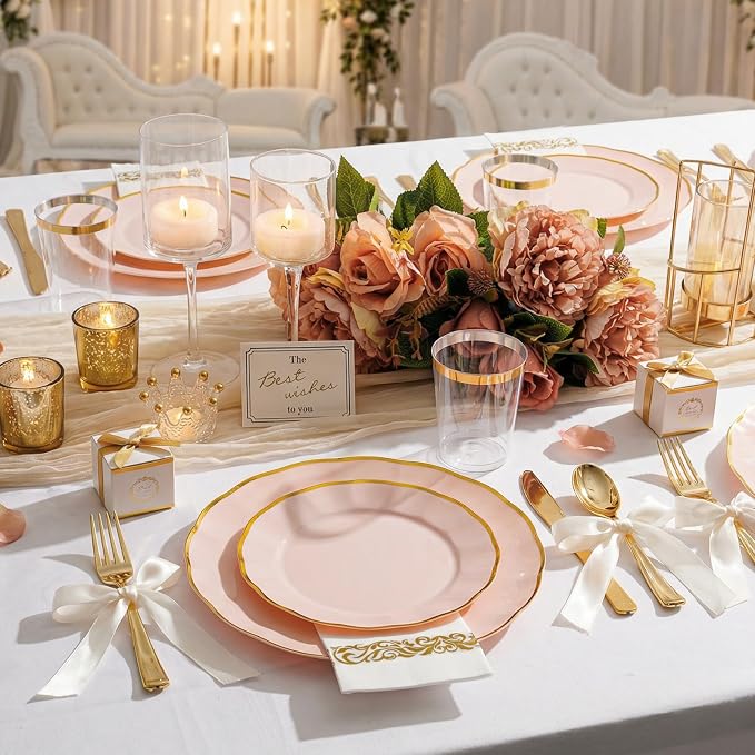 LIYH 350 Pcs Pink Plastic Plates for Party Pink Plastic Dinnerware Set for 50 Guest 100 Disposable Plates 150 Gold Plastic Silverware 50 Gold Cups 50 Napkins Perfect for Wedding Birthday