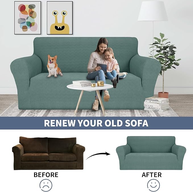 JIVINER Stretch Loveseat Slipcovers 1 Piece Love Seat Sofa Cover Spandex 2 Seater Couch Covers Universal Furniture Protector with Elastic Bottom (Pea Green, Loveseat)