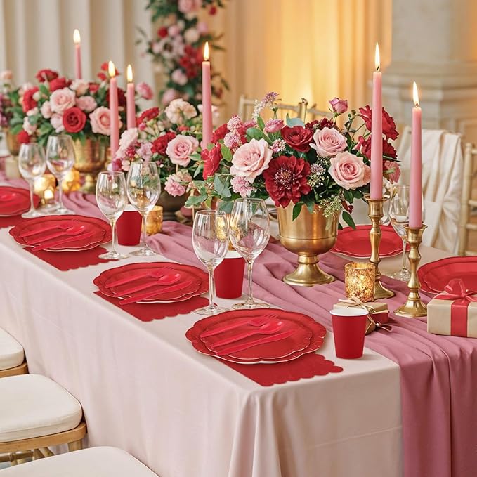 NatNarr 175 Pcs Red Paper Plates and Napkins Set Include 9" Dinner Plates, 7" Dessert Plate Disposable Scalloped Tableware Serve 25 Guest for Wedding Baby Shower Bridal Shower Birthday Mother's Day