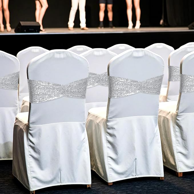 Poise3EHome Silver Sequin Chair Sashes, Double Sided Glitter Folding Chair Covers Bow for Party Wedding Banquet Reception Decorations, 50 PCS
