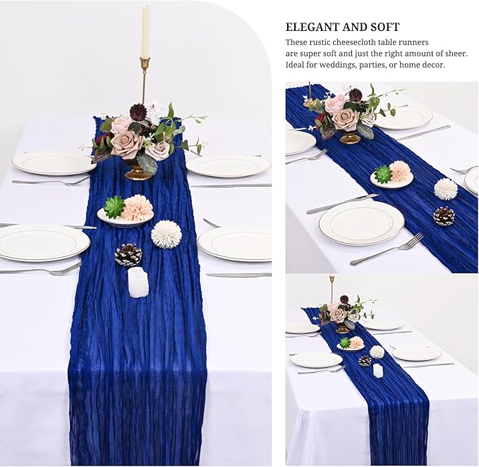 24 Pack Royal Blue Cheesecloth Table Runner 120 inch Fall Thanksgiving Boho Rustic Gauze Farmhouse 10FT Cheese Cloth Runner for Baby Shower Wedding Party Holiday Home Decor
