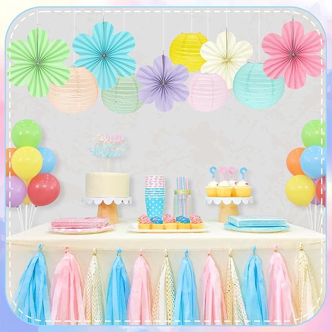 Spring Hanging Decorations - 18Pcs Spring Party Decorations | Paper Lanterns & Flower Fans Set for Pastel Classroom Decor, Office, Baby Shower, Birthday, Wedding & Easter Wall Decor