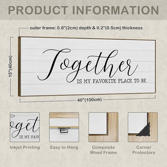 TLESKE Together Is My Favorite Place to Be Sign Large Wall Art Decor Framed 15x40, Above Bed Canvas Wall Art Decor Print for Couples Bedroom Living Room, Rustic Bedroom Love Signs Wall Picture