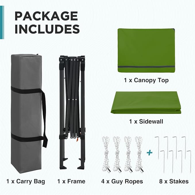 EAGLE PEAK 6x4 Instant Pop Up Canopy Tent with 1 Side Wall Panel, Straight Leg Sun Shelter, Portable Canopy with Carry Bag for Camping, Beach & Sports, Grass Green