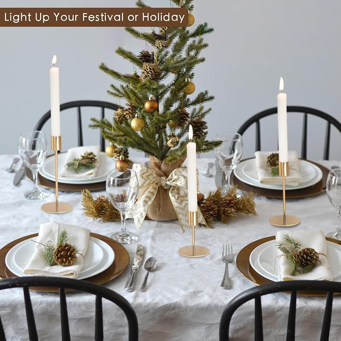 Gold Candlestick Holders - Bulk Decorative Metal Candelabra - Fits 0.8 Inch Diameter Taper Candles - Gold Taper Candle Stands for Wedding, Home, Party Table Decor (Set of 27)