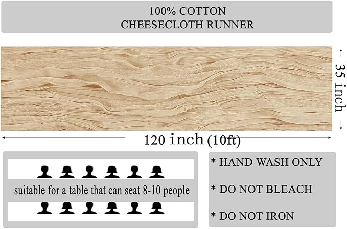 MDS Pack of 6 Cheesecloth Table Runner 35x120 Inch, 10FT Long Gauze Cheese Cloth Table Runner for Wedding Party Birthday Bridal Shower Farmhouse Garden Boho Rustic Table Decoration - Champagne