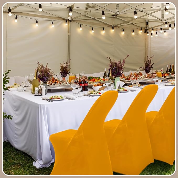 Newwiee 50 Pcs Spandex Chair Covers Bulk - Stretch Folding Flat Front Fitted Universal Chair Protector Pack Removable Washable for Wedding Party Dining Banquet Event (Gold)
