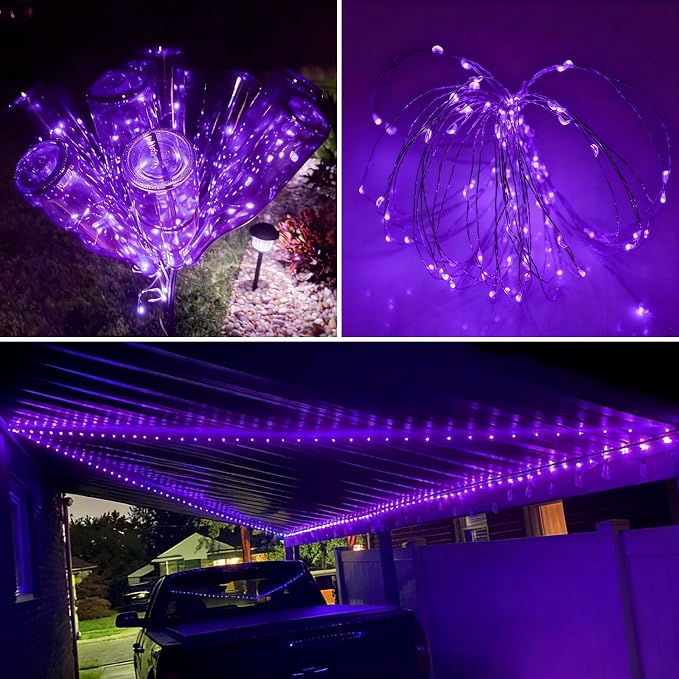 QITONG Purple Fairy Lights Battery Operated, 8 Pack Each 16ft 50 LED Outdoor String Lights, Silver Wire Mini Twinkle Light Indoor