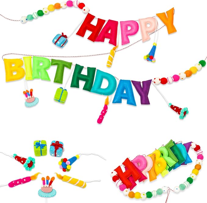 Happy Birthday Banner, Handmade Wool Felt Birthday Banner with Cute Charms, Reusable Rainbow Birthday Decorations for Kids, Colorful Birthday Garland for 1st Birthday, Baby Shower,Party Photo Backdrop